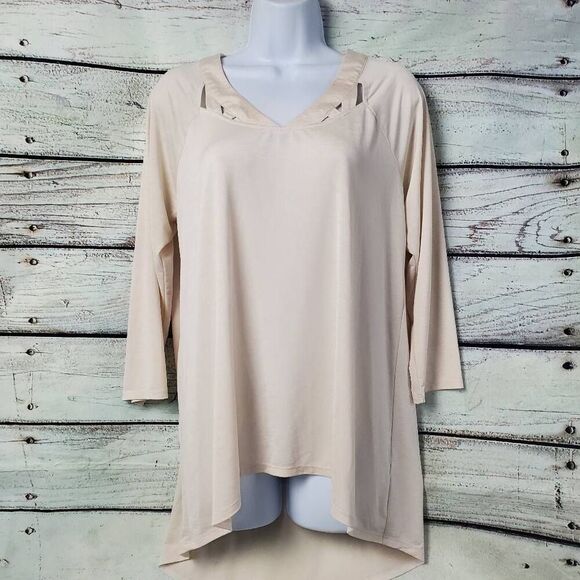 Cato Women’s Beige V-Neck High-Low Tunic Top M 3/4 Sleeve Crisscross Neck Stretc - Picture 1 of 6